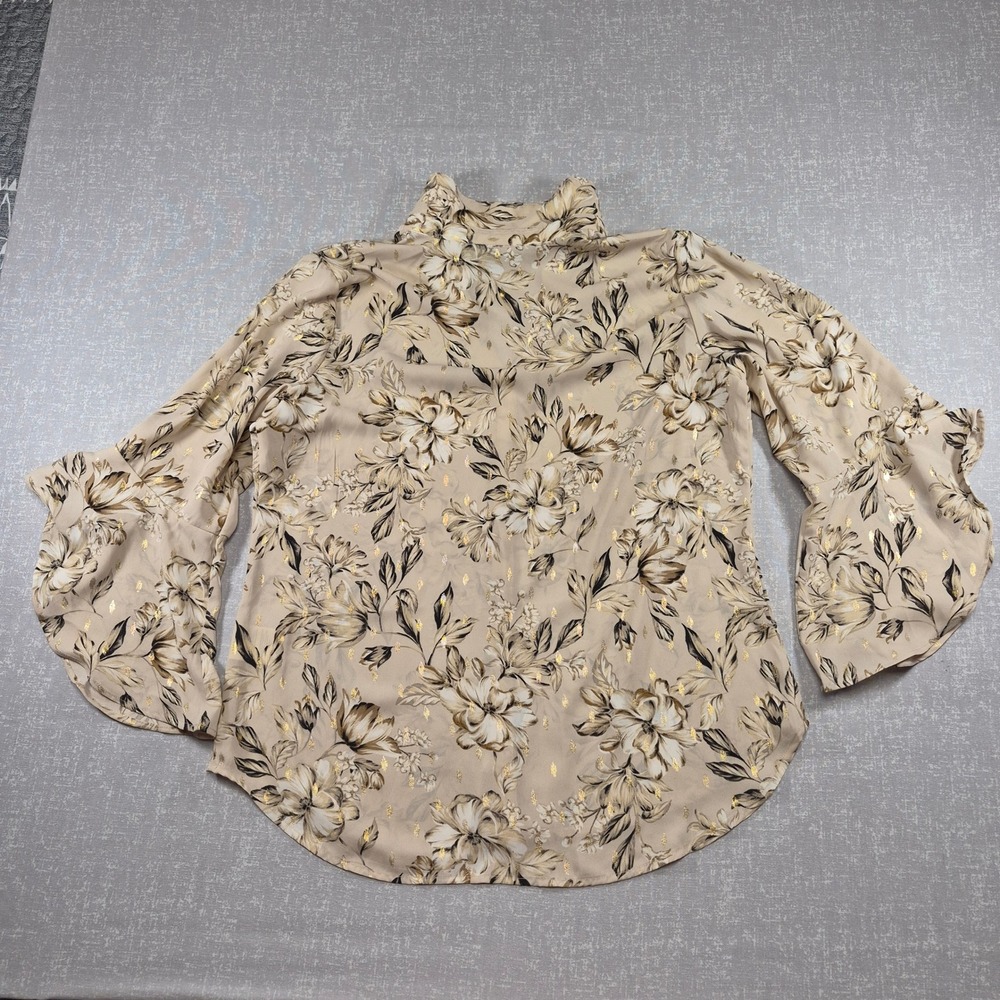 Sara Michelle Floral Metallic Gold Foil Bell Sleeve Blouse Tan Beige Large